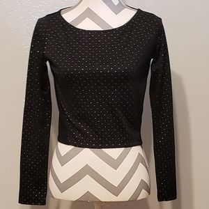 WREN LONG SLEEVE CROP TOP BLACK AND GOLD POLKA DOTS  FRONT AND SLEEVES SIZE S